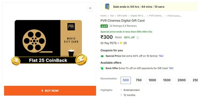 40% Off on PVR Cinemas Digital Gift Card