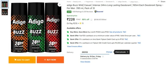 adigo Buzz Wild Deo (165 ml, Pack of 3) @226