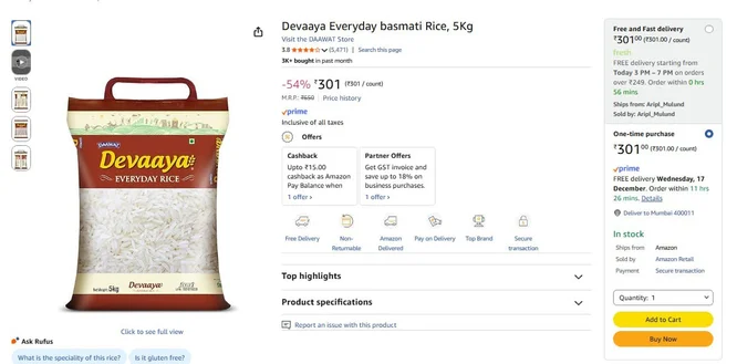 Daawat Devaaya Everyday Rice, 5 Kg @ 301.