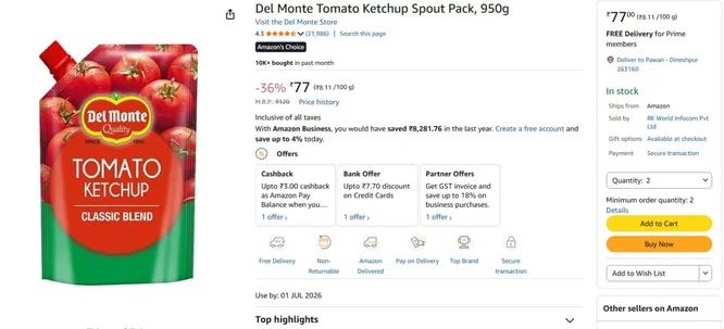 Del Monte Tomato Ketchup- 900g at ₹77
