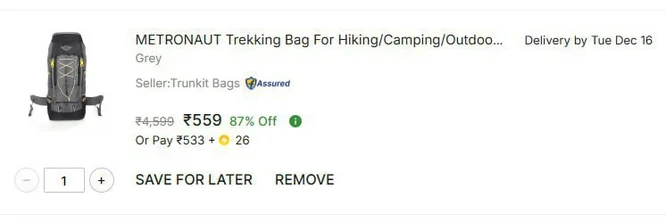 Flipkart | Trekking Bag For Camping with Rain Cover Rucksack - 65 L @ 559