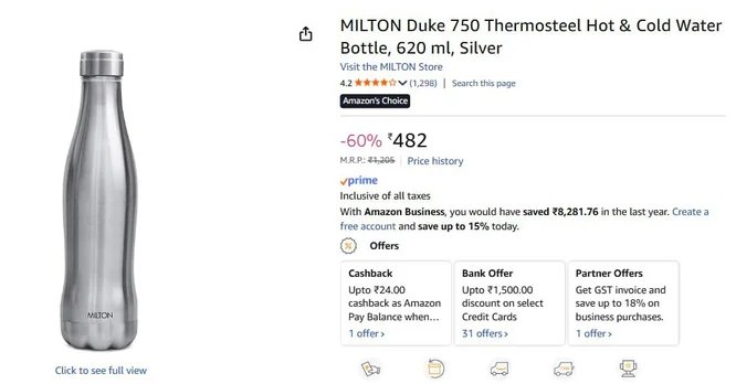 MILTON Hot & Cold Water Bottle, 620ml @ 482.