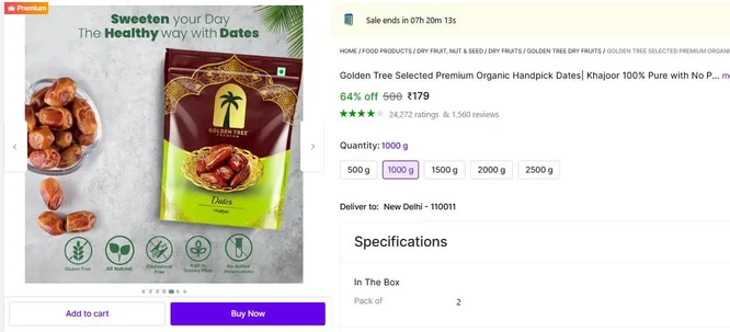 Organic Handpick Dates, 1 Kg @ ₹179