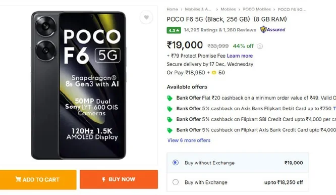 POCO F6 5G (8 GB | 256 GB) @ 19000 + Bank Offer