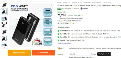 ptron 20000 mah 225w power bank 1299