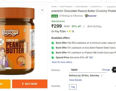 Snackinn Chocolate Crunchy Peanut Butter, 1Kg @ 299.