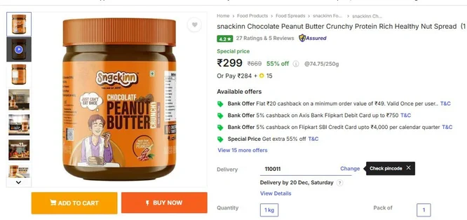 Snackinn Chocolate Crunchy Peanut Butter, 1Kg @ 299.