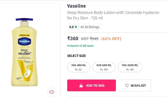 Vaseline Deep Moisture Body Lotion, 725ml @ 360.