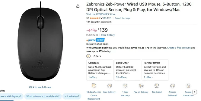 Zebronics Zeb-Power Wired USB Mouse @139