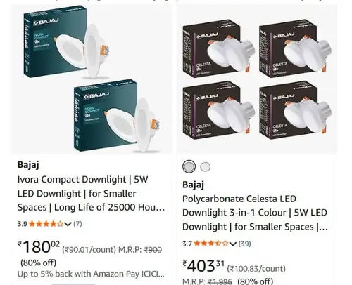 80 off on bajaj led downlights