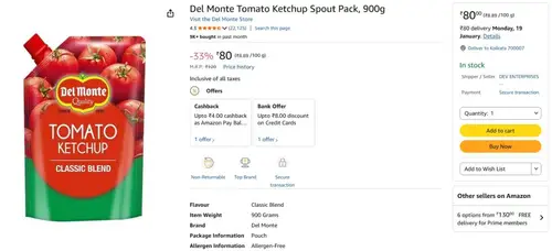 del monte tomato ketchup 900g at 80