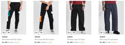 myntra loot snitch mens cargo trousers starts 500