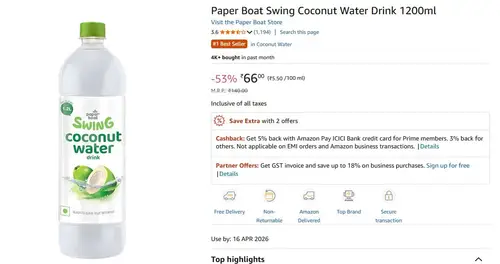 paper boat swing coconut water drink 1200ml 55