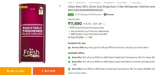 voltas beko 183 ltr refrigerator 11690 bank offer
