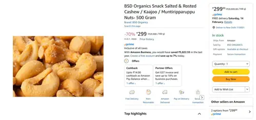 500gm roasted kaju 299