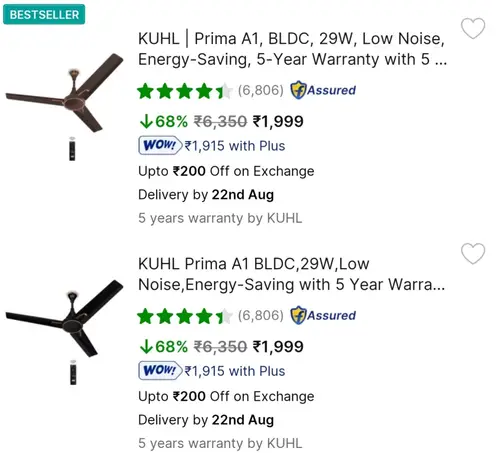 kuhl 5 star bldc ceiling fan with remote control starts 1999