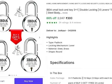 pack of 4 padlock with keys at 300