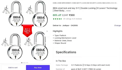 pack of 4 padlock with keys at 300
