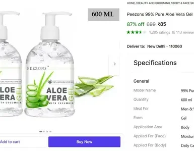 Pure Aloe Vera Gel, 600ml @ ₹85 3 pure aloe vera gel 600ml 85