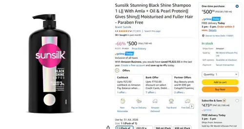 sunsilk black shine shampoo 1 ltr 500