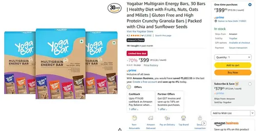 yogabar multigrain energy bars 30 bars 399