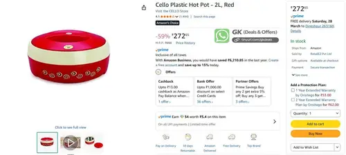 cello plastic hot pot 2l red 272