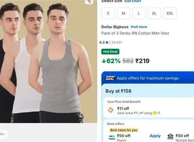 Dollar Bigboss Vest (3pcs) at ₹219 2 dollar bigboss vest 3pcs at 219