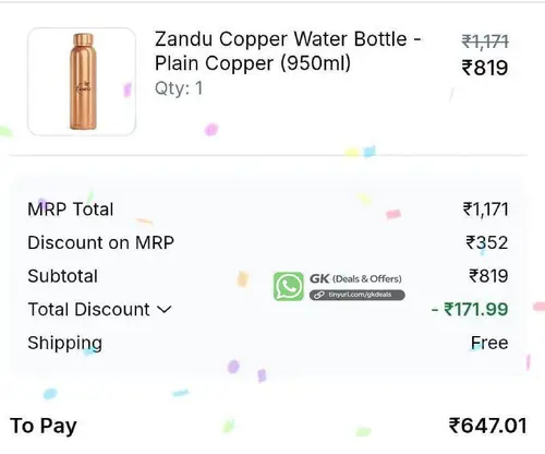 grab zandu copper bottle for 647