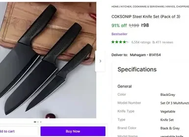 Loot : Steel Knife Set (Pack of 3) @ ₹98 3 loot steel knife set pack of 3 98