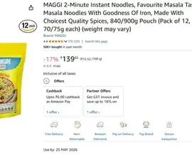 maggi 2 minute instant noodles pack of 12 139
