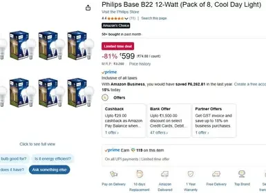 Philips 12W LED Bulb (Pack Of 8) @599. 4 philips 12w led bulb pack of 8 599