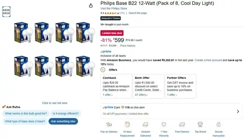 philips 12w led bulb pack of 8 599